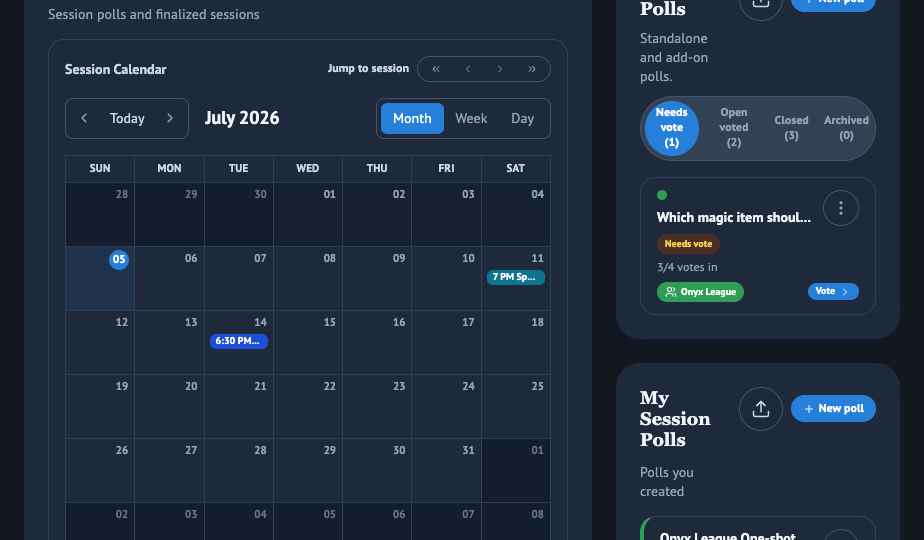 Quest Scheduler campaign calendar showing session polls and overlapping availability